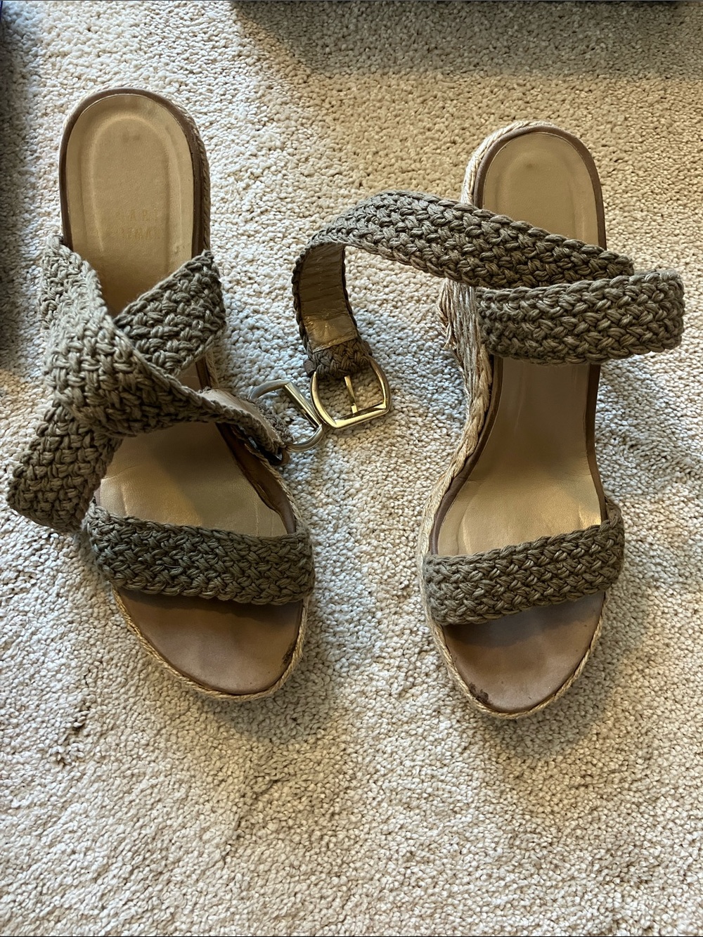 Stuart Weitzman Braided Wedge Sandals in Taupe